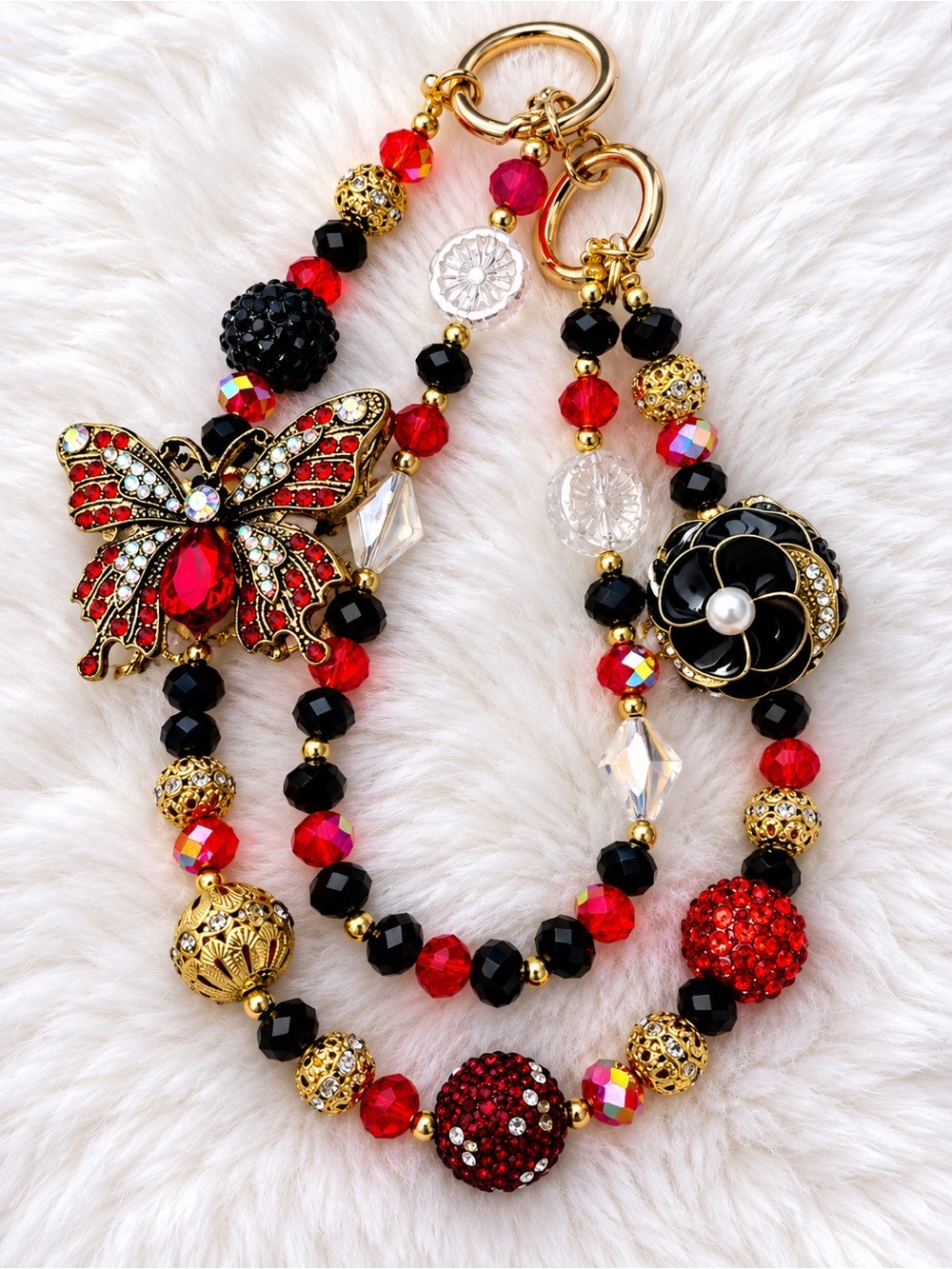 Red & Black Crystal Statement bag charm key ring handmade